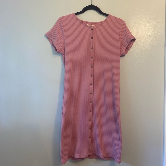 NWOT Madewell pink ribbed button front short sleeve scoop neck mini dress Medium - Picture 3 of 9